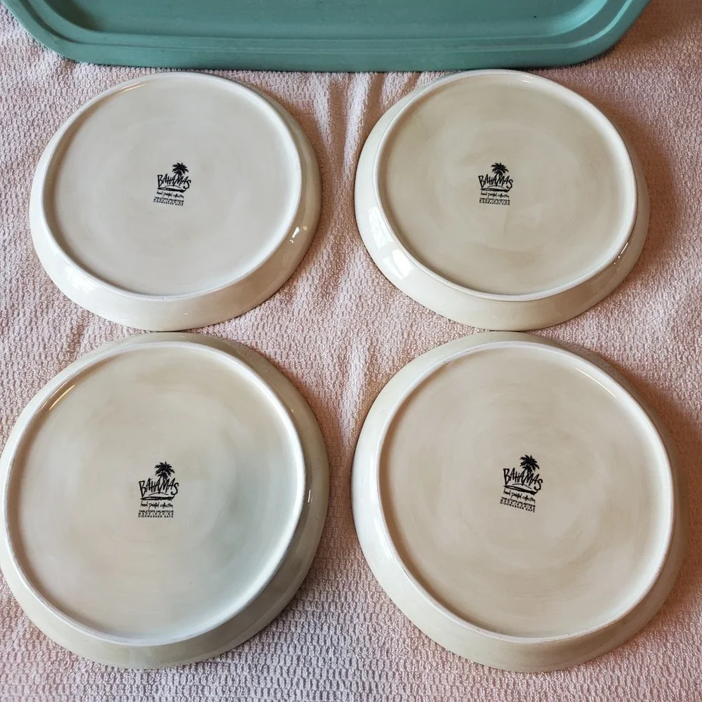 Tabletops Unlimited Bahamas Hand Painted Palm Tree Dinner Plates Set of 4 11in